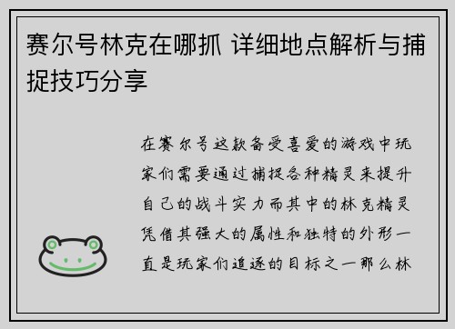 赛尔号林克在哪抓 详细地点解析与捕捉技巧分享