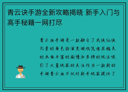 青云诀手游全新攻略揭晓 新手入门与高手秘籍一网打尽