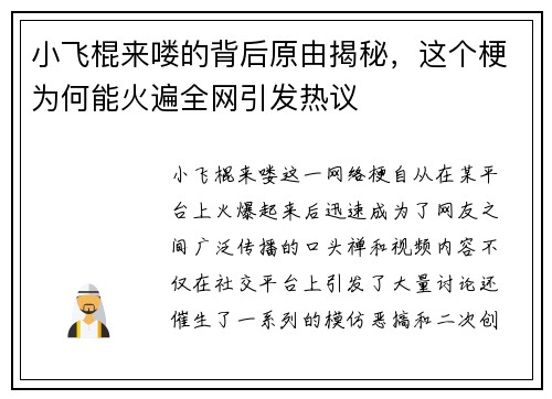 小飞棍来喽的背后原由揭秘，这个梗为何能火遍全网引发热议
