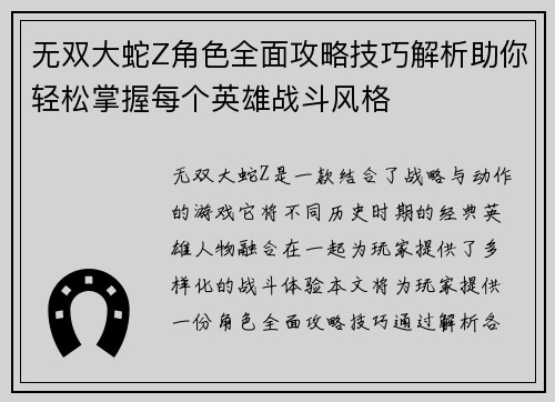 无双大蛇Z角色全面攻略技巧解析助你轻松掌握每个英雄战斗风格